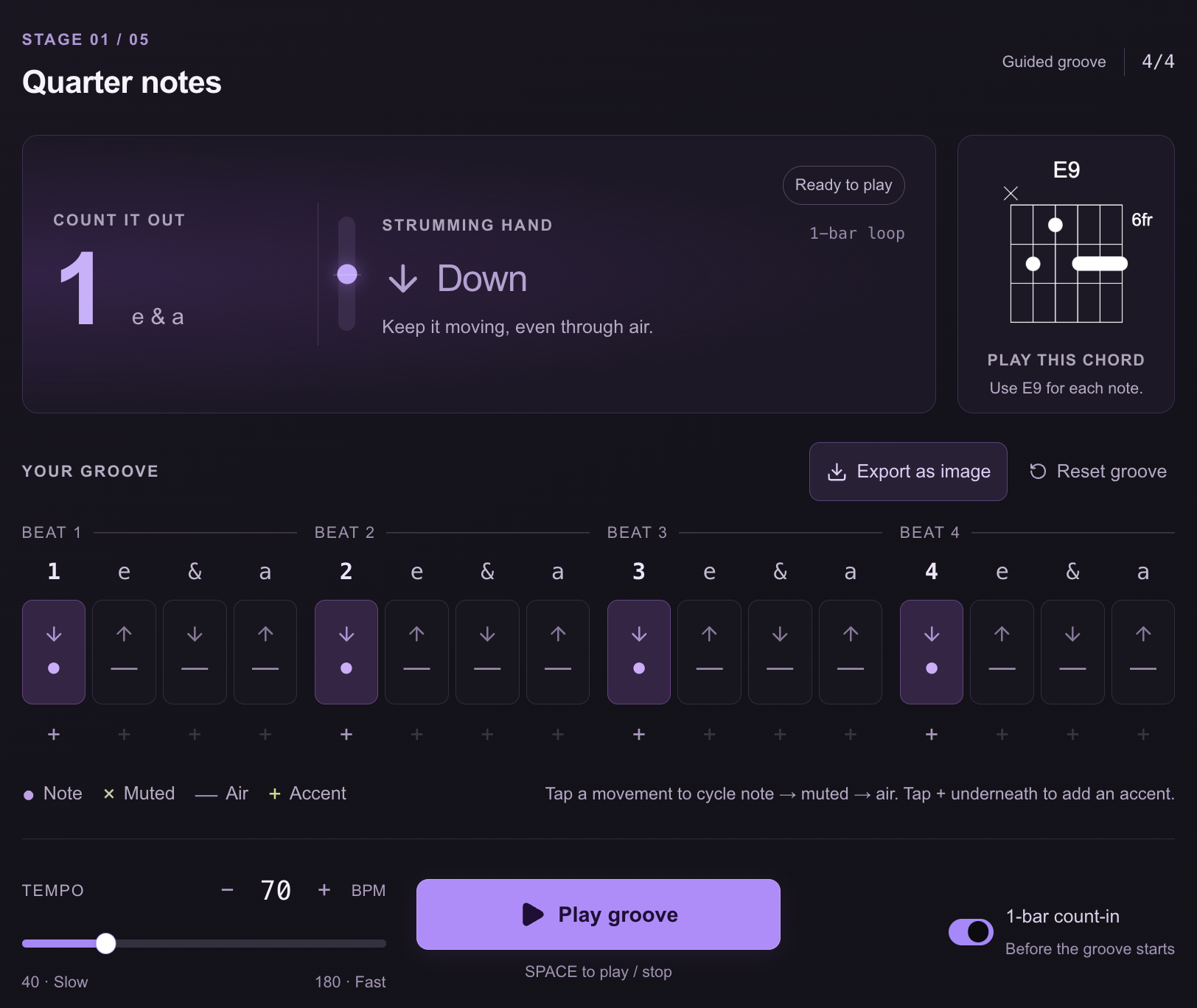The Funk Strumming Trainer: a browser-based practice tool with guided stages, tempo control and an editable funk groove grid
